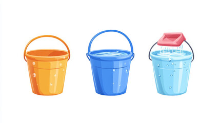 "Icons of plastic and iron buckets filled with water, depicting household washing equipment. Ideal for use in posters and web icons."