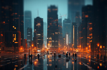 Group of people walking down city street at night