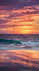 Obraz premium Sunset on the ocean. beautiful bright sky, reflection in water, waves.