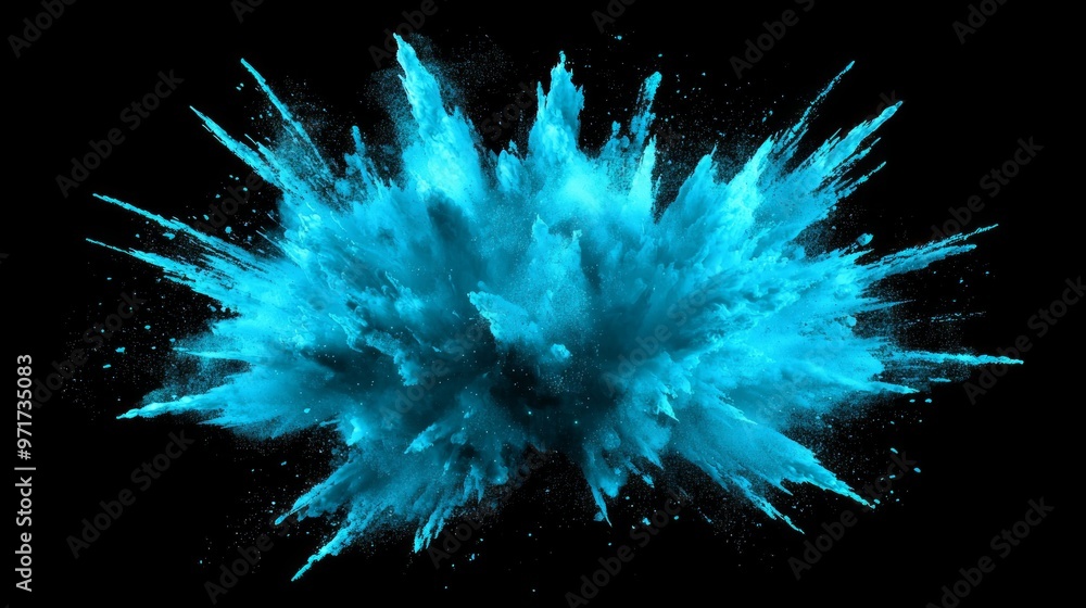 Poster turquoise particles explode dynamically, radiating with intensity on a black background, creating an
