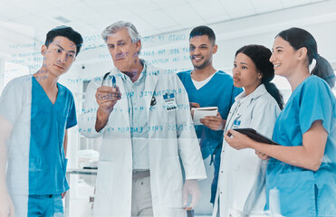 Medicine, team and people at glass talking in hospital for medical formula, vaccine research or...