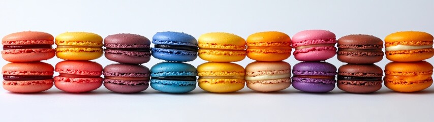 Obraz premium Colorful Macaron Tower, vibrant macarons in various hues stacked elegantly on a pristine white surface, showcasing their delightful textures and shapes in an artistic arrangement.