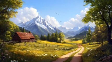 Scenic farm with path guiding to mountain landscape picture