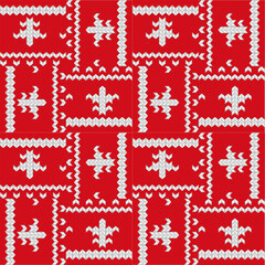 Knitted ornament Christmas ugly sweater seamless pattern design for unisex wear, printable cards, party posters, banners, sublimation. Vector illustration EPS10. Red and white colors.