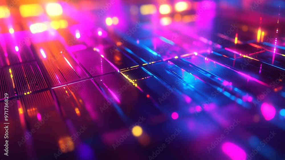 Poster abstract background with glowing neon lights on a shiny metallic surface.