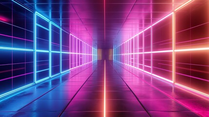 Fototapeta premium Futuristic neon light tunnel with pink, blue, and orange glow.