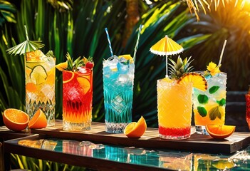Fototapeta premium vibrant display colorful cocktails decorative drink umbrellas perfect summer parties celebrations, party, beverage, refreshment, bar, mixology, garnish