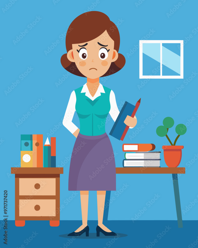 Poster a sadlooking teacher stands in front of a classroom holding a pair of scissors and a stack of textbo