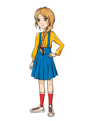 Anime girl picture with blonde braid in stylish clothes with hand on side.