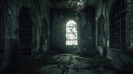 Obraz premium A haunted, crumbling asylum with dark, overgrown vines and broken barred windows