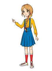 Anime smiling girl with blonde braid in stylish clothes pointing  finger in something.
