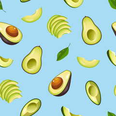 Avocado seamless pattern with cutted avocado, leaves on light blue background.

