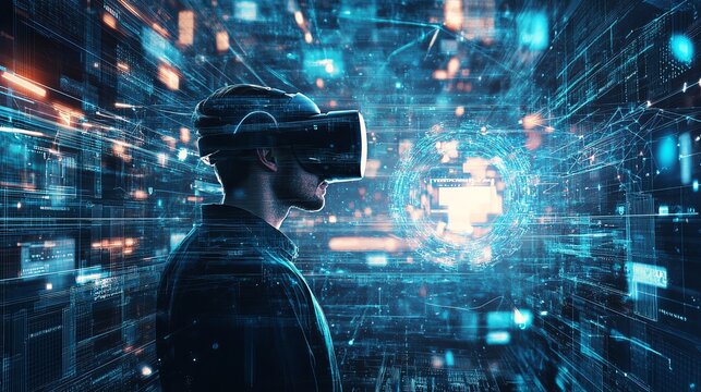 Man wearing VR headset immersed in a futuristic, digital world.