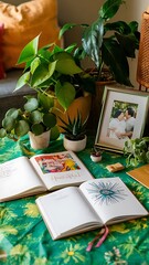 Plants, photo frame and journals on green background