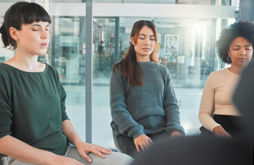 Business women, therapy or session with team for support group, union or meeting together at...