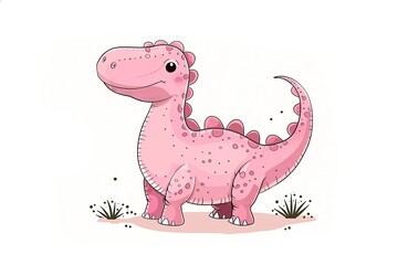 Fototapeta premium Cute pink dinosaur illustration with spots and spikes, sitting on the ground on a white background