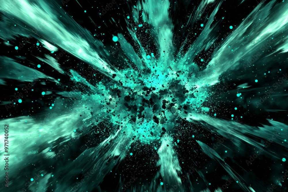 Poster an intense burst of turquoise particles expands energetically from a central point, dispersing glowi