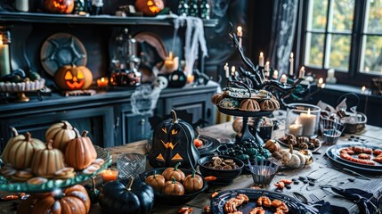 A table set for a Halloween feast, featuring spooky treats and decorations