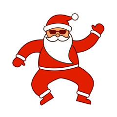 Cool Santa Claus in sunglasses dancing in a red suit on a white background for festive holiday fun