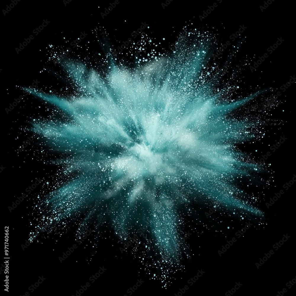 Poster a stunning burst of turquoise particles dynamically explodes from a radiant core, dispersing energet