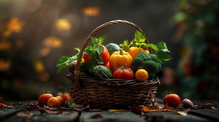 Harvested vegetables in a rustic basket, fresh and abundant, Botanical, Earth tones, Photograph, Garden bounty