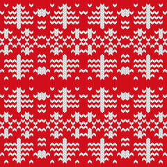 Knitted ornament Christmas ugly sweater seamless pattern design for unisex wear, printable cards, party posters, banners, sublimation. Vector illustration EPS10. Red and white colors.