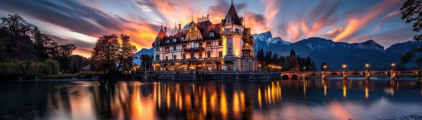 Fototapeta premium Historical castle with a moat, grand and picturesque, Historical, Cool tones, Photograph, Architectural wonder