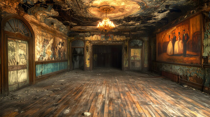 Deserted 1920s dance hall with crumbling walls &ndash; An old, neglected dance hall with a wooden floor covered in dust, faded murals of dancing couples on the walls