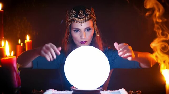 Mystical fortune teller with glowing crystal ball lit candles in dimly lit room, Halloween divination and occult themes