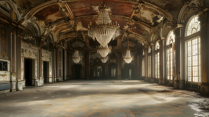 Obraz premium Dusty, abandoned 1920s ballroom with grand chandeliers – A once-opulent ballroom with faded wallpaper, cracked floors, and cobwebbed chandeliers hanging above, with a sense of haunting elegance