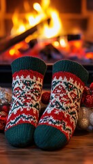 Cozy Woolen Christmas Socks by Fireplace - Warmth and Comfort of Holiday Season for Print or Poster