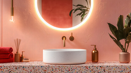 Eclectic bathroom design with a terrazzo vanity counter featuring colorful specks, a matte white ceramic sink, gold faucet, and a round mirror with a neon light border, all set against a peach wall fo