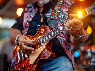 Fototapeta premium Local musicians performing at a festival, dynamic and lively, Urban, Bright hues, Photograph, Live music