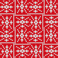 Fototapeta premium Knitted ornament Christmas ugly sweater seamless pattern design for unisex wear, printable cards, party posters, banners, sublimation. Vector illustration EPS10. Red and white colors.