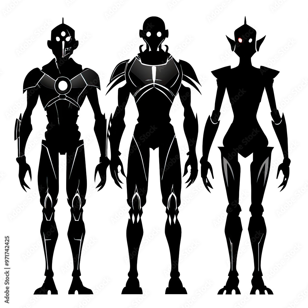 Poster silhouettes of three distinct cyborg characters stand in a row showcasing their unique shapes and me