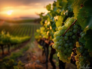 Fototapeta premium Lush green vineyard in summer, serene and abundant, Botanical, Soft greens, Photograph, Wine country