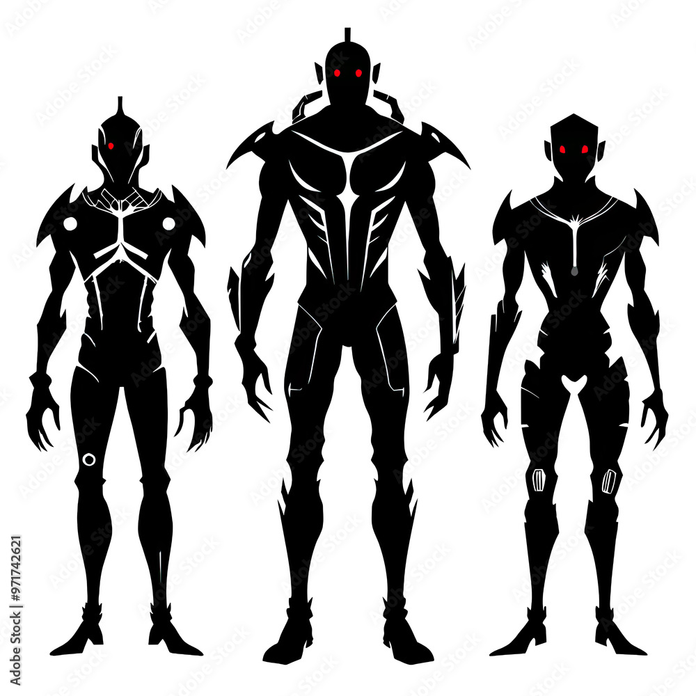 Poster three distinct black silhouette cyborgs stand in a row each featuring unique designs and details tha