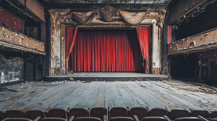 Empty 1920s vaudeville theater stage &ndash; A grand but abandoned vaudeville stage, with tattered red curtains, broken wooden floors, and empty seats staring back