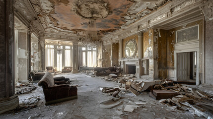 Forgotten 1920s hotel ballroom filled with debris – The grand ballroom, filled with broken furniture, shattered mirrors, and torn, dusty drapes, once filled with laughter and music, now silent