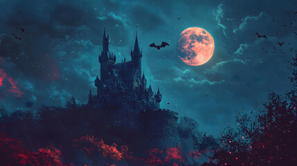 Halloween poster for children that has a bat castle and a full moon, a very colorful and striking