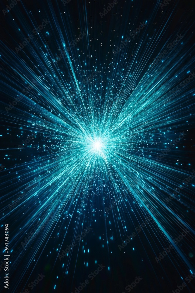 Poster A vivid explosion of turquoise particles emits glowing dust, creating a mesmerizing display of cosmic energy as it spreads elegantly across the dark background.