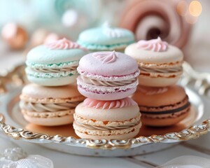Fototapeta premium Pastelcolored macarons on a tray, playful and inviting, Culinary, Soft hues, Photograph, Sweet treats