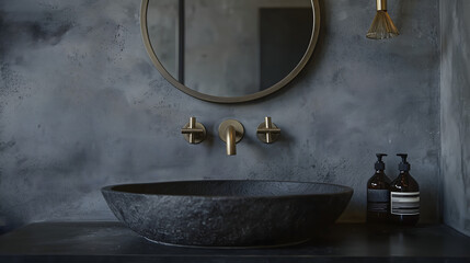 Industrial chic bathroom with a blackened steel vanity counter, deep gray stone basin, brass faucet, and a round mirror against a concrete-textured wall, perfect for edgy skincare product presentation