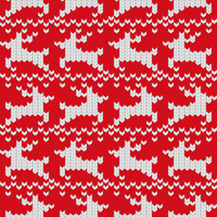 Knitted ornament Christmas ugly sweater seamless pattern design for unisex wear, printable cards, party posters, banners, sublimation. Vector illustration EPS10. Red and white colors.