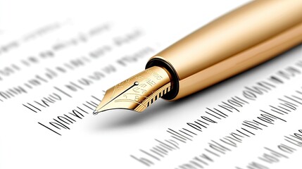 A luxurious golden fountain pen is positioned above a blank page, ready to sign an important document, highlighting the art of fine writing and attention to detail