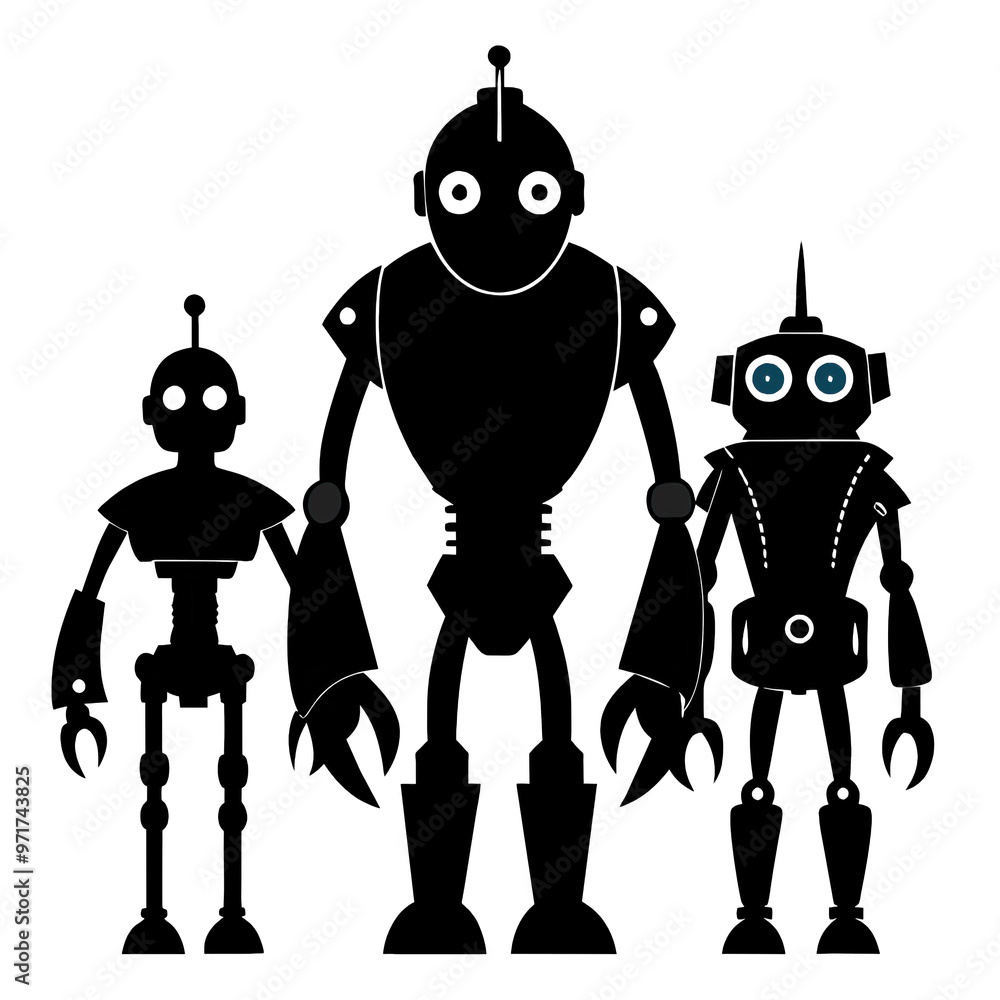 Poster a trio of robots in black silhouette presenting distinct shapes and qualities arranged in a visually