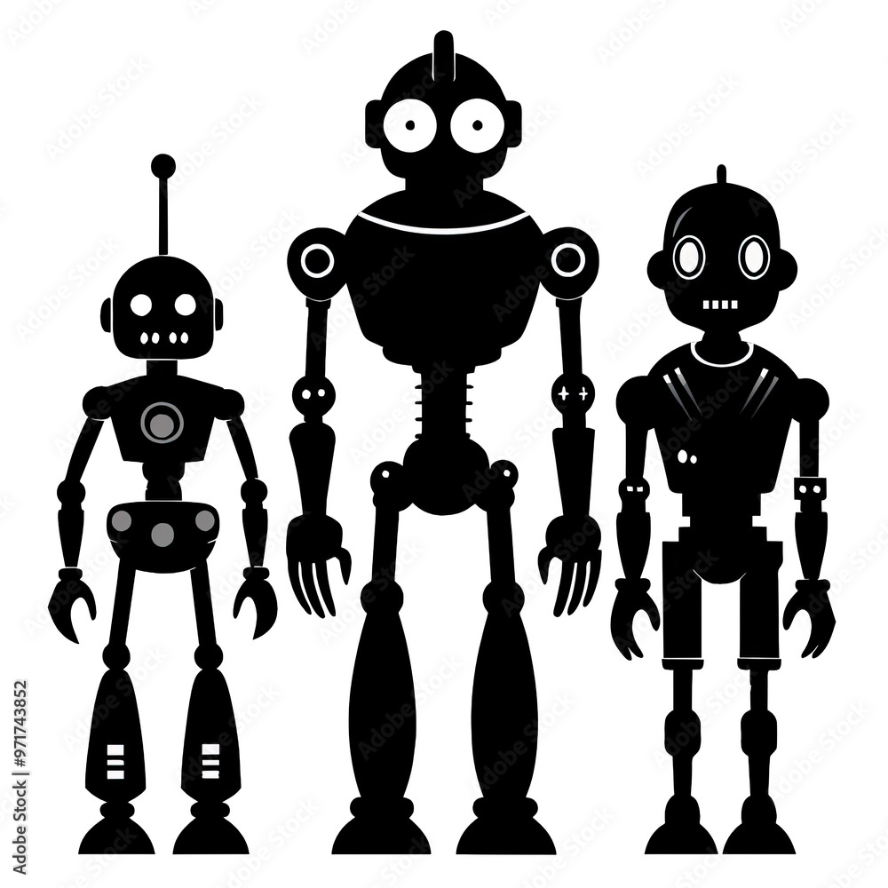 Poster three distinct robot silhouettes are displayed together emphasizing unique designs and features whil