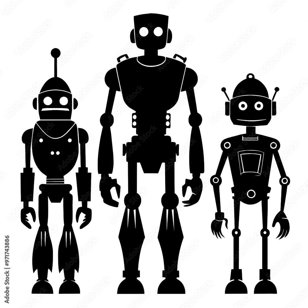 Poster three distinct black silhouette robots are displayed together each with unique designs and proportio