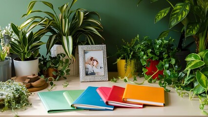 Plants, photo frame and journals on green background