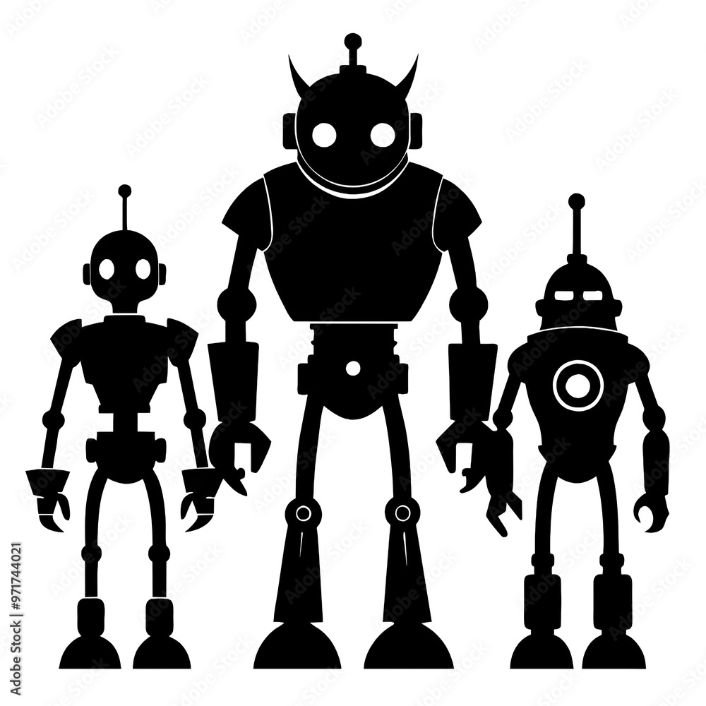 Poster three black silhouette robots of different sizes display unique designs standing together against a 